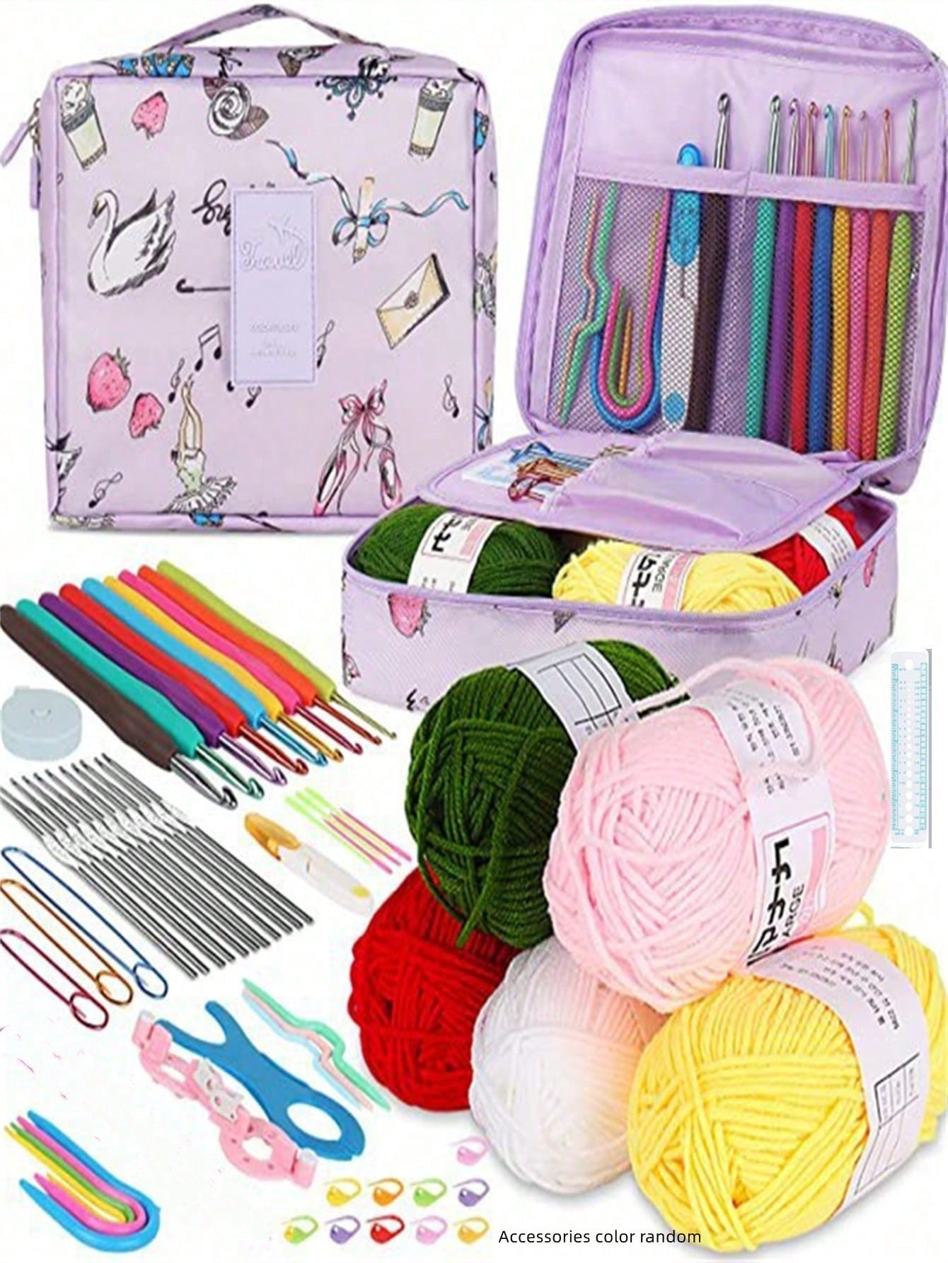 Set all'uncinetto, 108 pezzi Kit di avviamento all'uncinetto fai-da-te con tutti i materiali, set portatile di attrezzi per lavorare a maglia con filati, attrezzi di base per uncinetto fai-da-te con filati, kit per hobby creativi