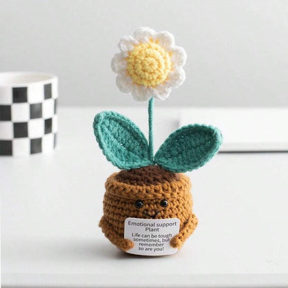 Pianta in vaso ispirante, decorazione floreale lavorata a mano all'uncinetto, pianta in miniatura, nontiscordardime, mughetto, calendula, girasole, biglietto di incoraggiamento caldo fatto a mano