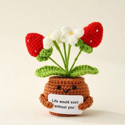 Pianta in vaso ispirante, decorazione floreale lavorata a mano all'uncinetto, pianta in miniatura, nontiscordardime, mughetto, calendula, girasole, biglietto di incoraggiamento caldo fatto a mano