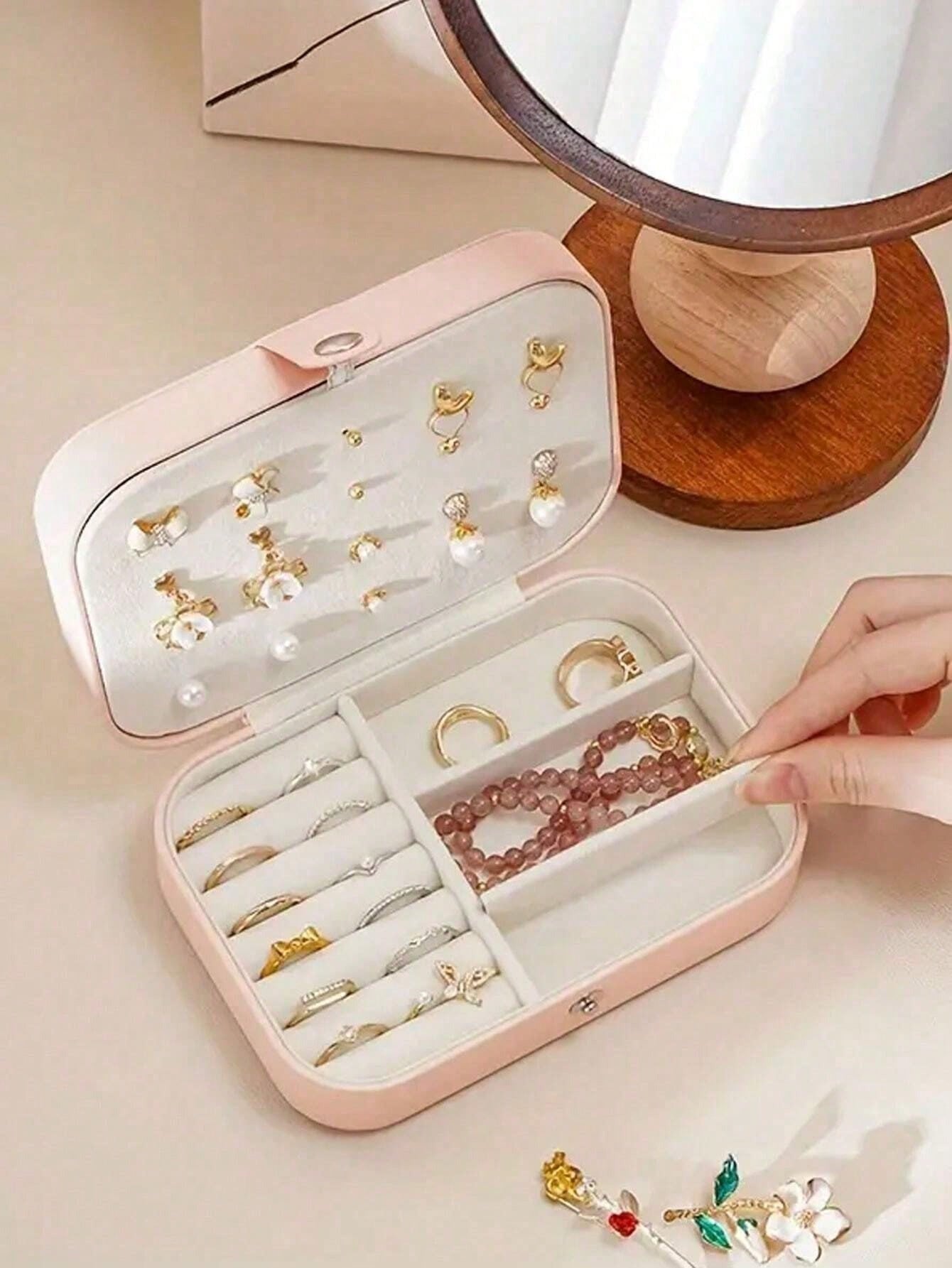 Scatola portagioie da viaggio a doppio strato, scatola per conservazione gioielli in pelle sintetica, con bottone a pressione, per collezionare anelli, pendenti, orecchini, collane, capacità elevata