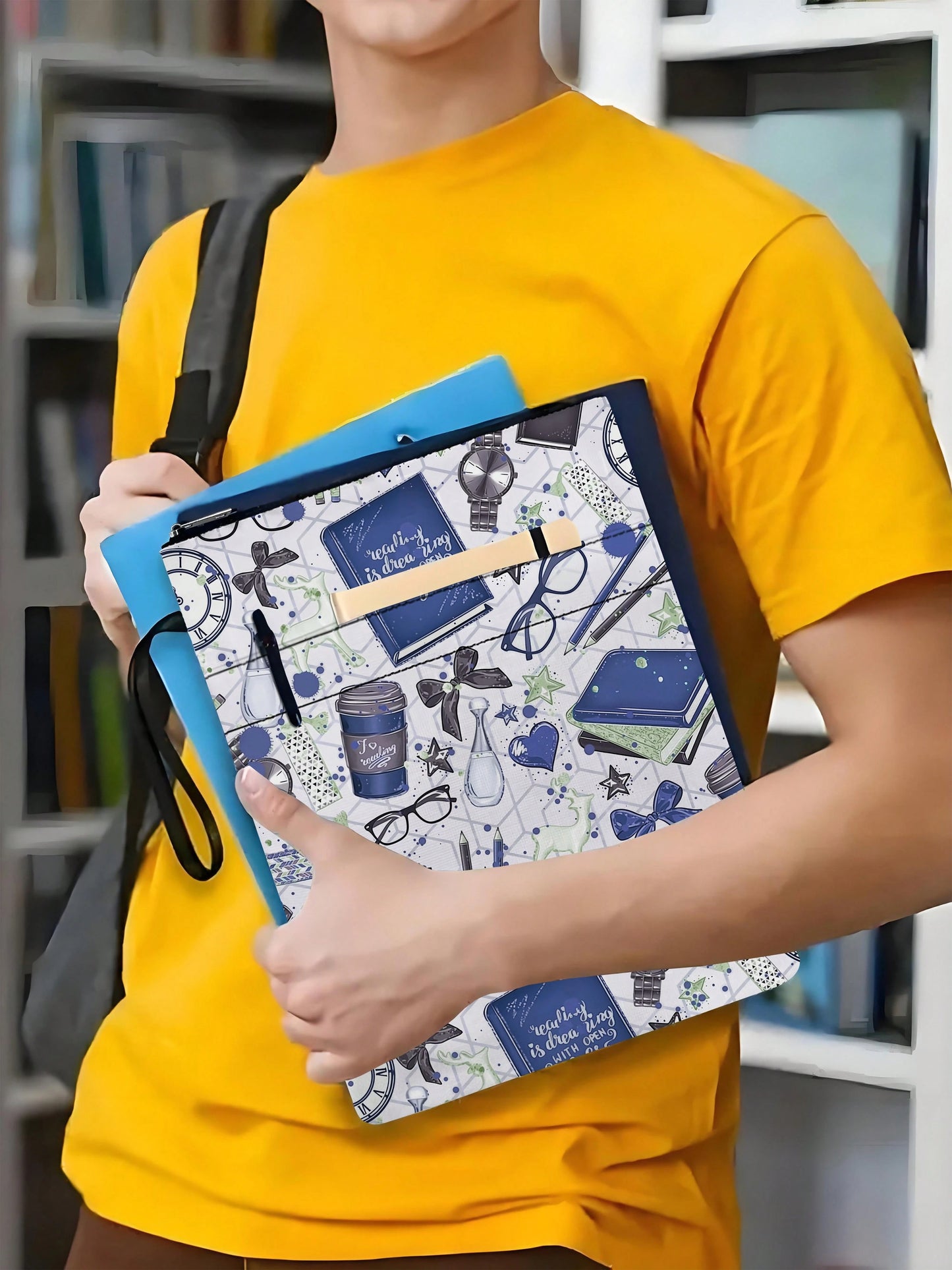 Copertina per libro a tema blu con cerniera, copertina morbida protettiva per libro, custodia per libri in brossura, borsa portalistini lavabile con tasca frontale