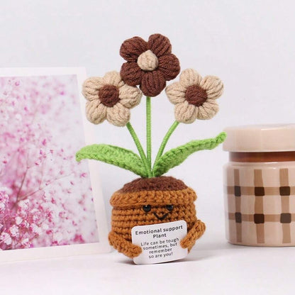 Pianta in vaso ispirante, decorazione floreale lavorata a mano all'uncinetto, pianta in miniatura, nontiscordardime, mughetto, calendula, girasole, biglietto di incoraggiamento caldo fatto a mano