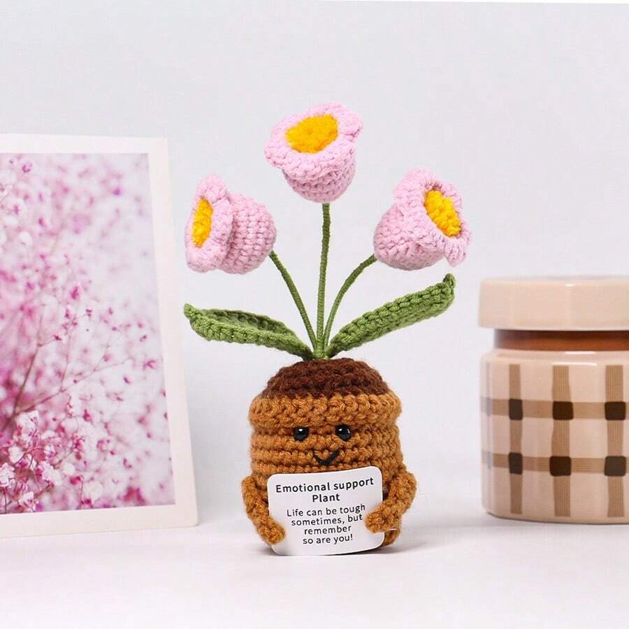 Pianta in vaso ispirante, decorazione floreale lavorata a mano all'uncinetto, pianta in miniatura, nontiscordardime, mughetto, calendula, girasole, biglietto di incoraggiamento caldo fatto a mano