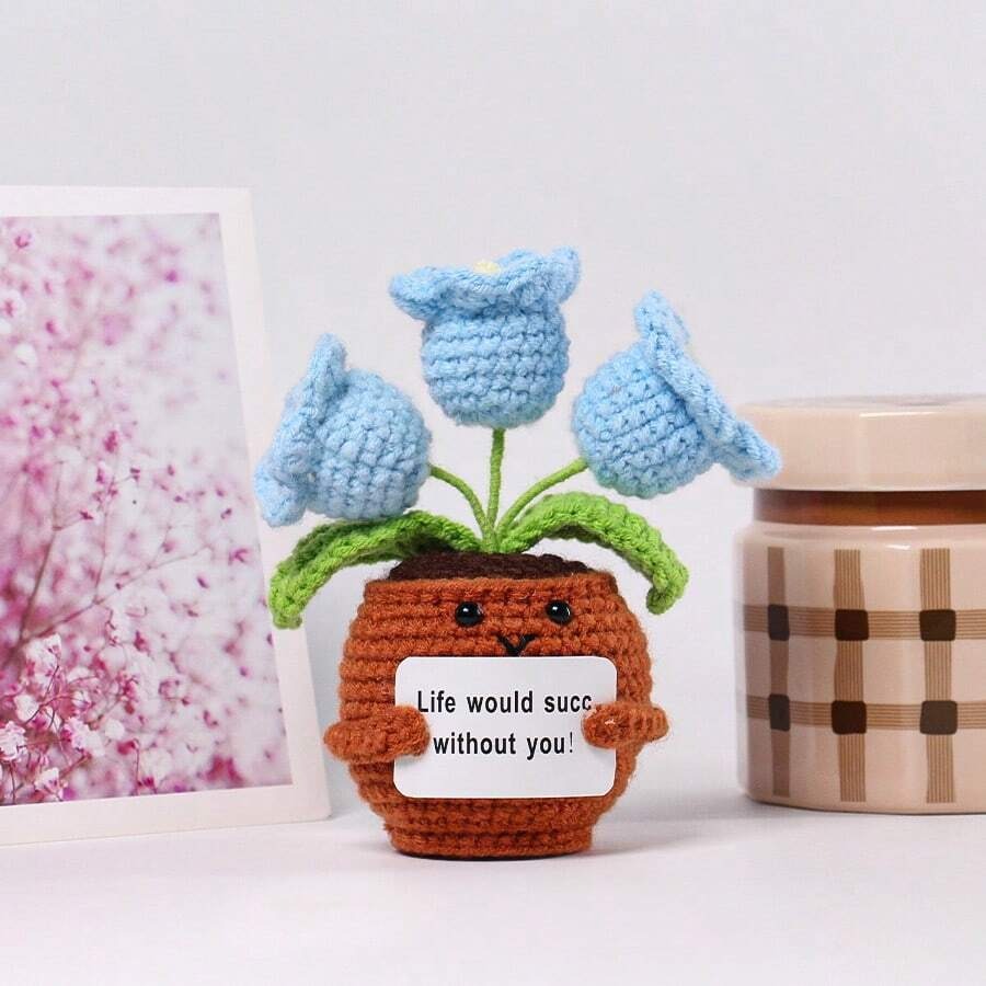 Pianta in vaso ispirante, decorazione floreale lavorata a mano all'uncinetto, pianta in miniatura, nontiscordardime, mughetto, calendula, girasole, biglietto di incoraggiamento caldo fatto a mano