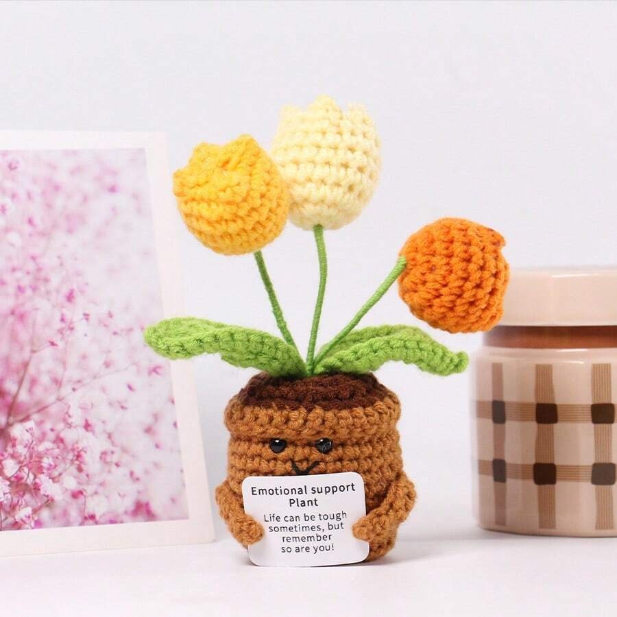 Pianta in vaso ispirante, decorazione floreale lavorata a mano all'uncinetto, pianta in miniatura, nontiscordardime, mughetto, calendula, girasole, biglietto di incoraggiamento caldo fatto a mano