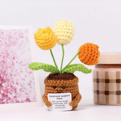 Pianta in vaso ispirante, decorazione floreale lavorata a mano all'uncinetto, pianta in miniatura, nontiscordardime, mughetto, calendula, girasole, biglietto di incoraggiamento caldo fatto a mano