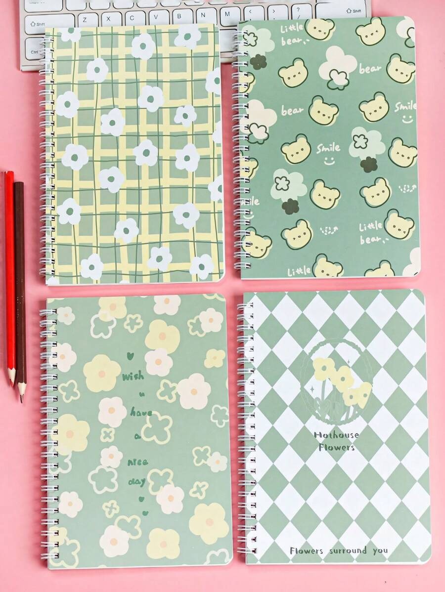 Set regalo di quaderni di estetica verde - 4 stili unici da 480/240/120/60 fogli, regali di apprezzamento per gli insegnanti e di laurea per gli studenti, in carta, 60 righe normali, quaderno scolastico A5, design a cartoni animati carini