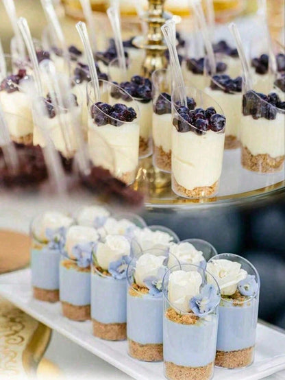 Coppette per dessert con cucchiaini, piccole tazze di plastica trasparente inclinate, coppette rotonde per mousse, per budini, mousse, gelatine, feste, adatte per torte gelato, decorazione dolci