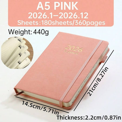 Agenda 2026 formato A5, Pianificatore giornaliero 365 giorni con registrazione della gestione del tempo e note, copertina rigida in pelle PU con elastico