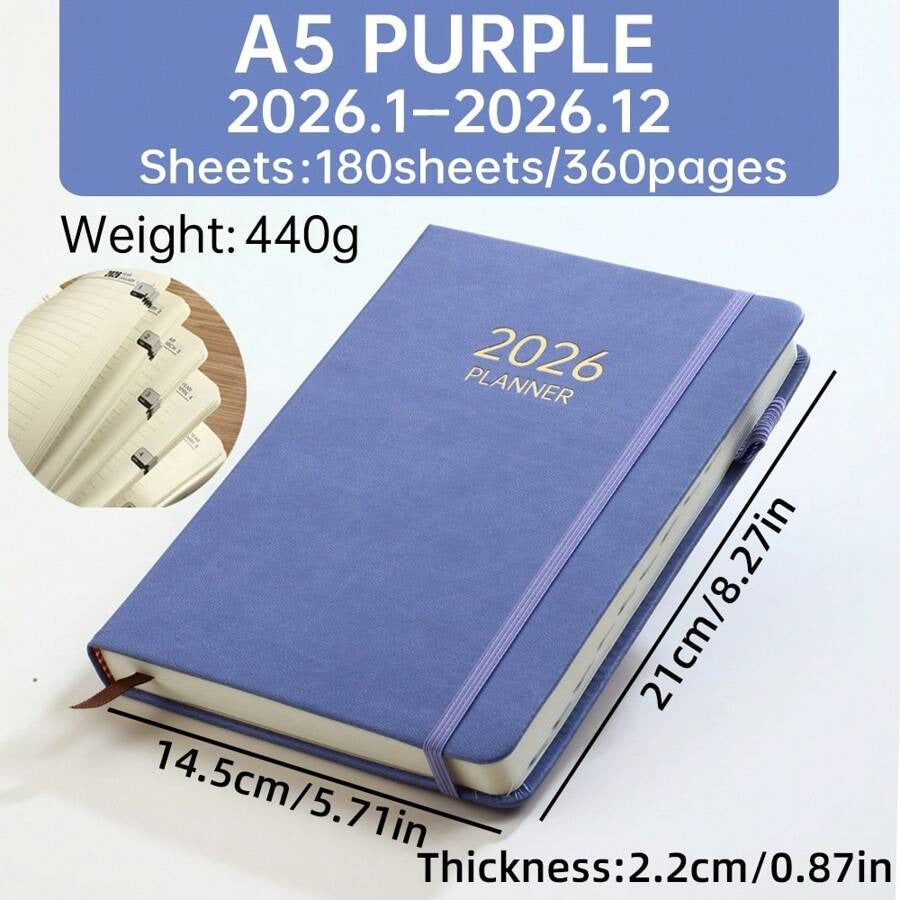 Agenda 2026 formato A5, Pianificatore giornaliero 365 giorni con registrazione della gestione del tempo e note, copertina rigida in pelle PU con elastico