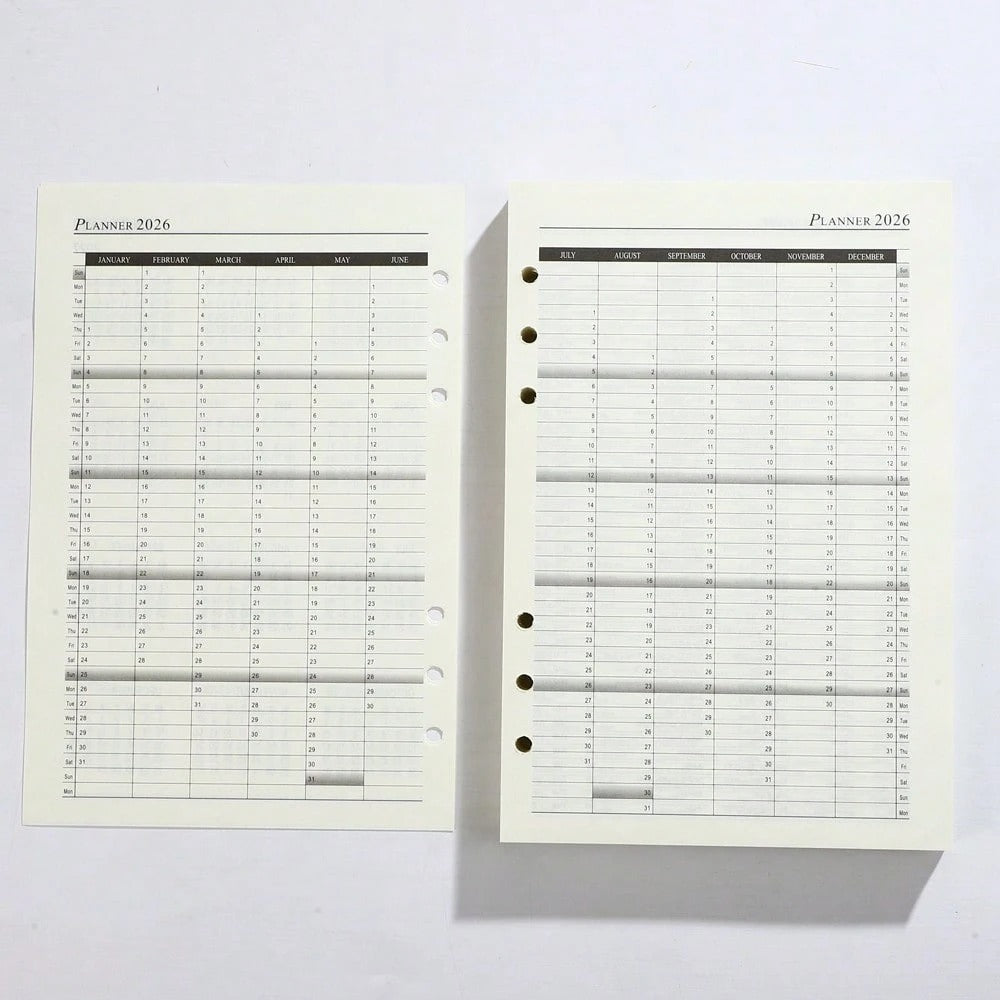 Ricarica per calendario inglese formato A5 2026, 180 fogli/360 pagine, pianificatore giornaliero 365 giorni, per gestione del tempo, adatto per l'anno 2026
