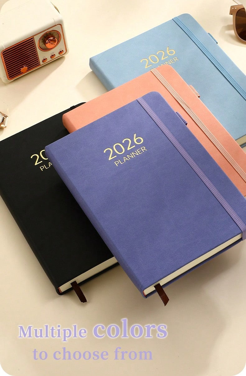 Agenda 2026 formato A5, Pianificatore giornaliero 365 giorni con registrazione della gestione del tempo e note, copertina rigida in pelle PU con elastico