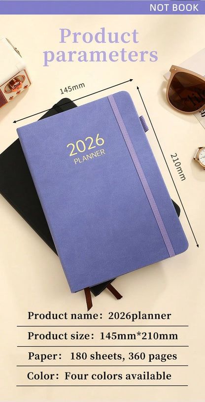 Agenda 2026 formato A5, Pianificatore giornaliero 365 giorni con registrazione della gestione del tempo e note, copertina rigida in pelle PU con elastico