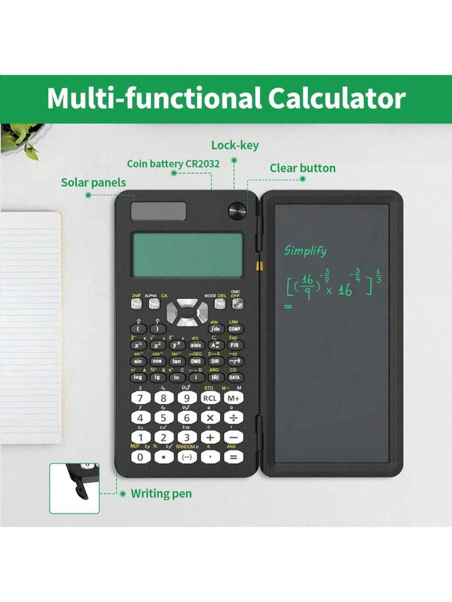 Calcolatrice scientifica professionale portatile con 417 funzioni, display LCD, blocco note, alimentata a energia solare, pieghevole, per studenti e forniture scolastiche