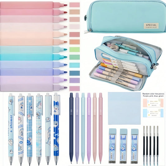 36 pezzi di simpatici articoli per la scuola con astuccio carino, 12 evidenziatori pastello, 6 penne gel inchiostro nero, 6 matite meccaniche kawaii da 0,5 mm, set per studenti, articoli di cartoleria, essenziali per il college, forniture scolastiche