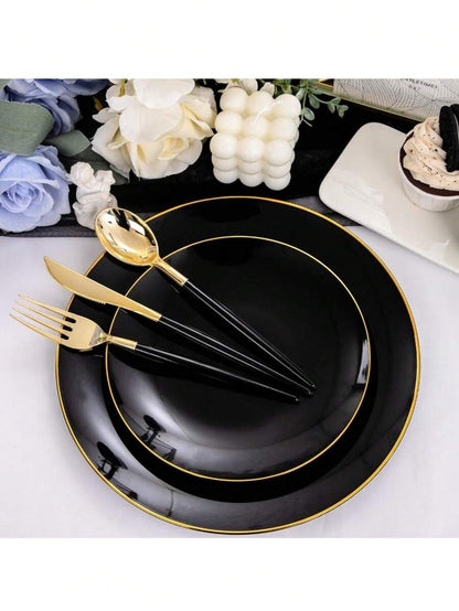 Un set di 25 vassoi da torta e dessert con cerchi in oro nero, inclusi vassoi laterali da 7,5" e 10,25" e vassoi di alta qualità per insalata di frutta, riutilizzabili e facili da pulire.