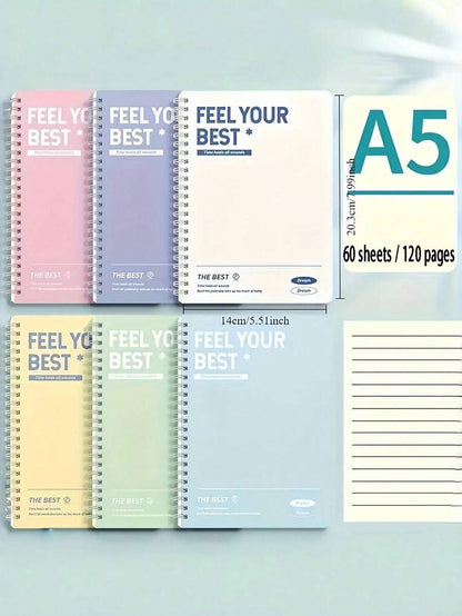 Set da 6 quaderni a spirale A5 con citazioni ispiratrici - 60 pagine a righe ciascuno, varietà di colori pastello (verde menta, giallo, viola, rosa, beige, azzurro chiaro)