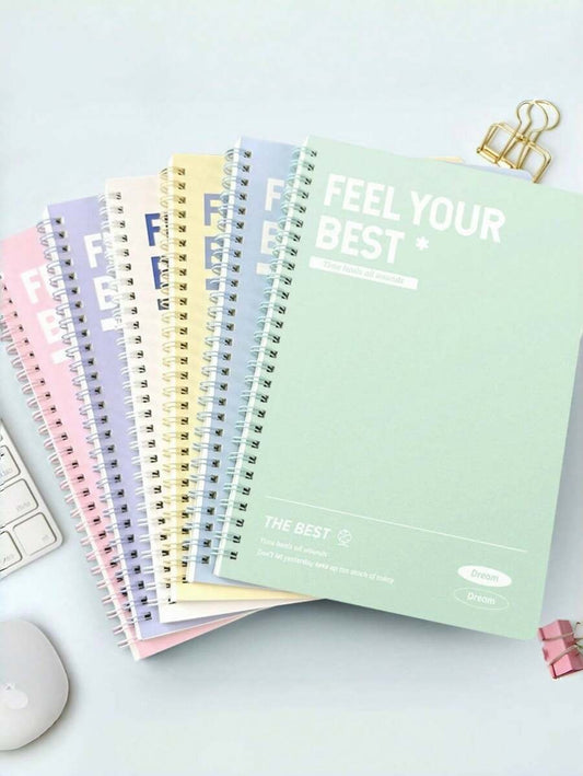6 blocchi notes A5 a spirale con citazioni ispiratrici - 60 pagine a righe ciascuno, in una varietà di colori pastello (verde menta, giallo, viola, rosa, beige, azzurro chiaro) - carta di alta qualità