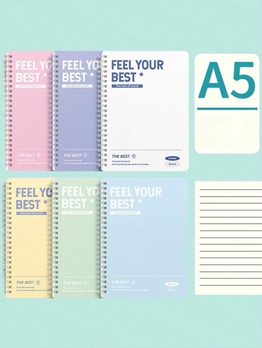 6 blocchi notes A5 a spirale con citazioni ispiratrici - 60 pagine a righe ciascuno, in una varietà di colori pastello (verde menta, giallo, viola, rosa, beige, azzurro chiaro) - carta di alta qualità