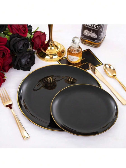 Un set di 25 vassoi da torta e dessert con cerchi in oro nero, inclusi vassoi laterali da 7,5" e 10,25" e vassoi di alta qualità per insalata di frutta, riutilizzabili e facili da pulire.