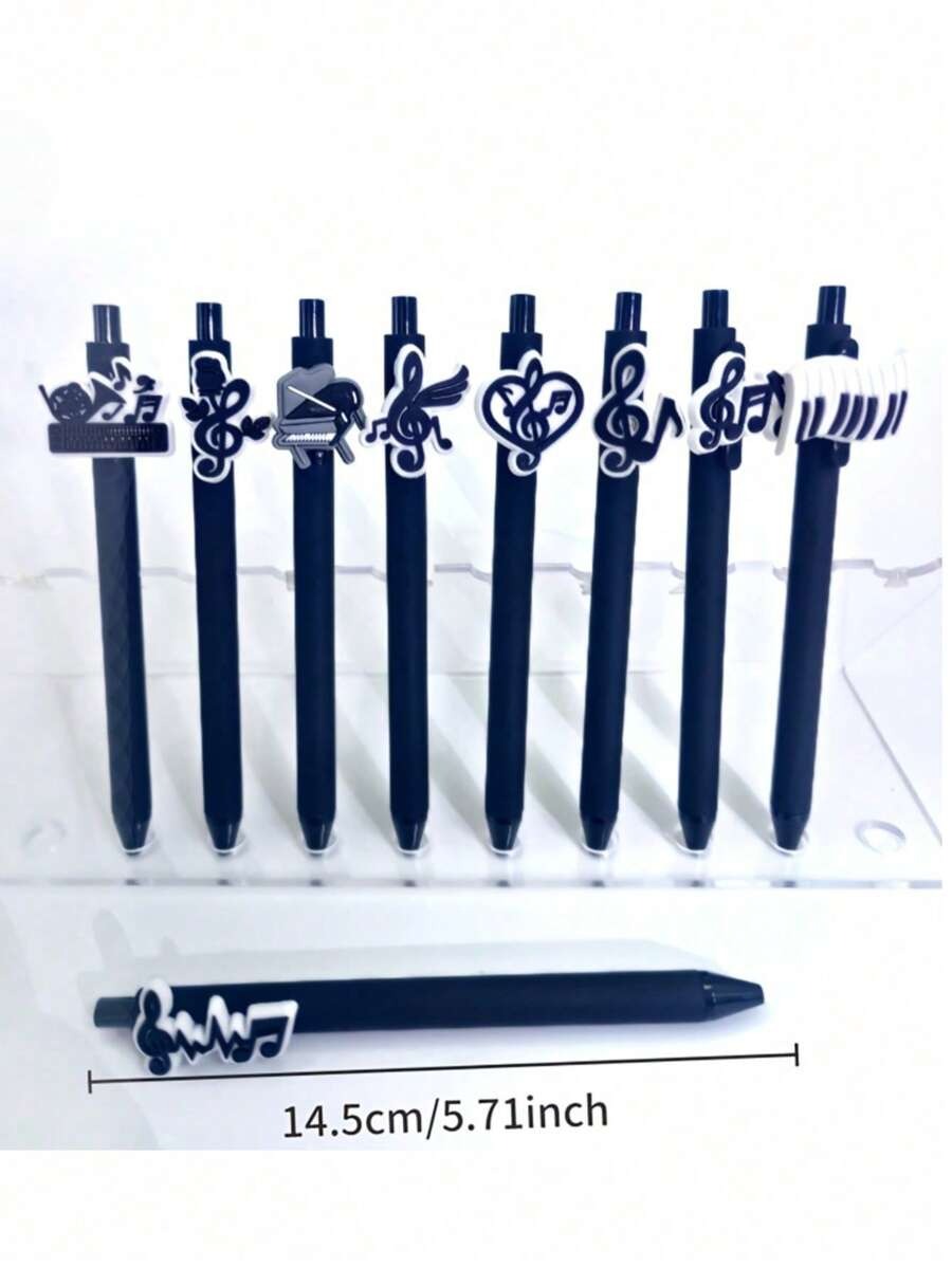Penne a sfera retrattili della serie Note Musicali, punta media, fusto in plastica nera con adesivi in PVC morbido a tema musicale casuale, forniture scolastiche, per il ritorno a scuola