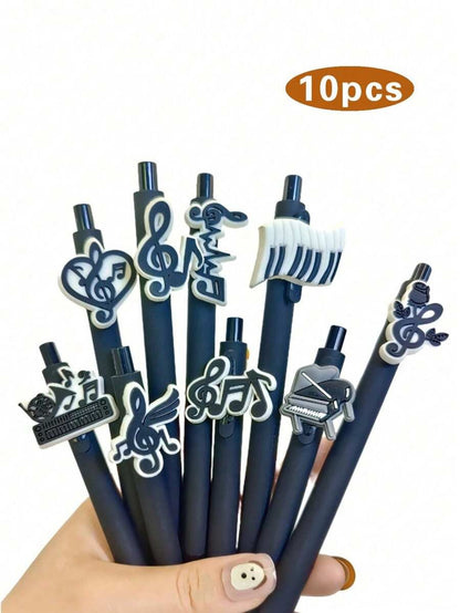 Penne a sfera retrattili della serie Note Musicali, punta media, fusto in plastica nera con adesivi in PVC morbido a tema musicale casuale, forniture scolastiche, per il ritorno a scuola