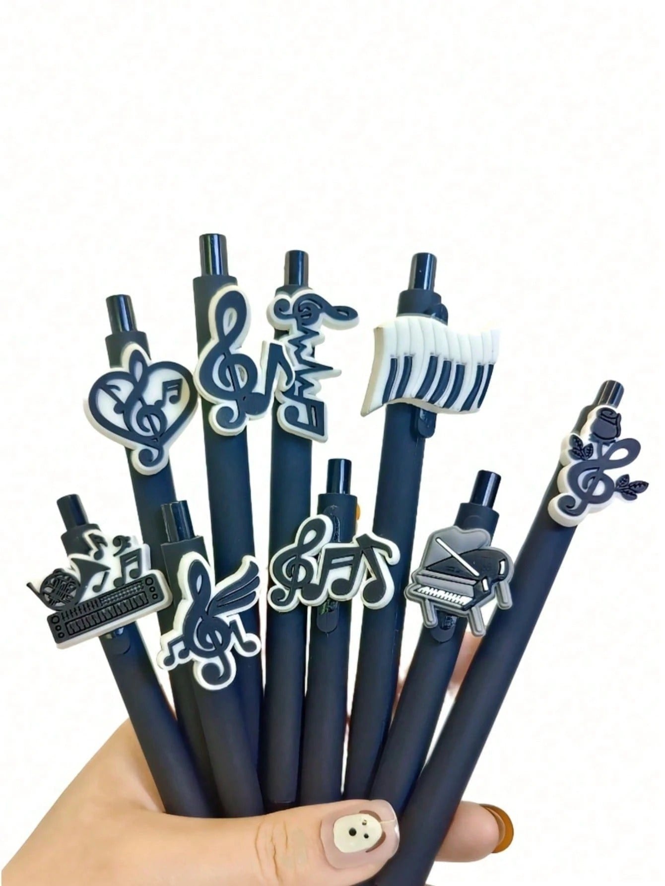 Penne a sfera retrattili della serie Note Musicali, punta media, fusto in plastica nera con adesivi in PVC morbido a tema musicale casuale, forniture scolastiche, per il ritorno a scuola
