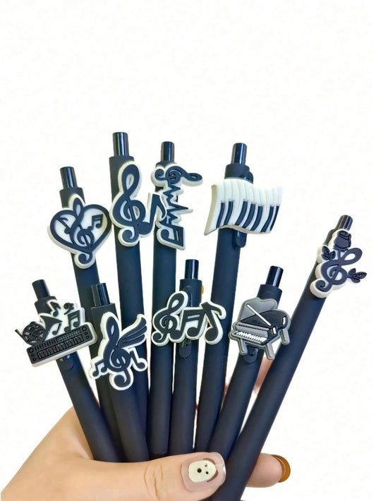 Penne a sfera retrattili della serie Note Musicali, punta media, fusto in plastica nera con adesivi in PVC morbido a tema musicale casuale, forniture scolastiche, per il ritorno a scuola