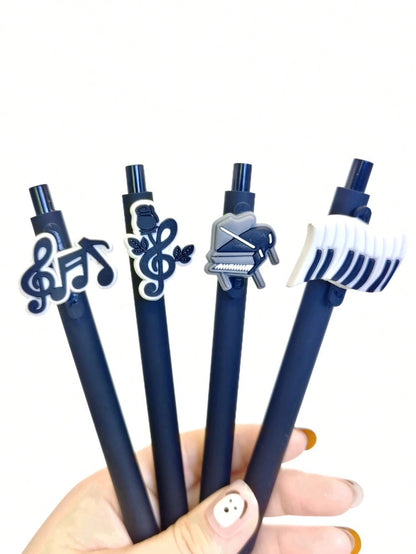 Penne a sfera retrattili della serie Note Musicali, punta media, fusto in plastica nera con adesivi in PVC morbido a tema musicale casuale, forniture scolastiche, per il ritorno a scuola