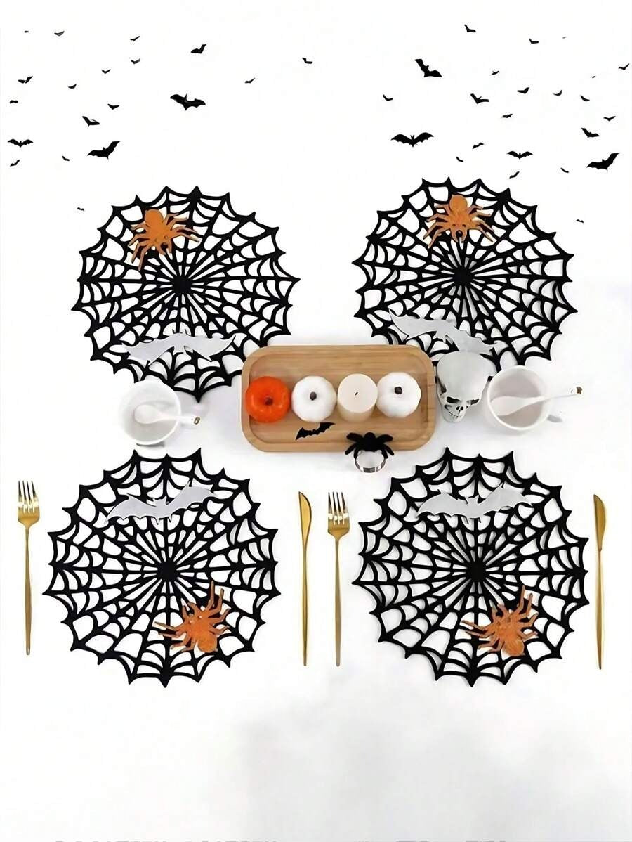 Sottopiatti neri a forma di ragnatela di Ognissanti, sottopiatti rotondi resistenti al calore e antiscivolo lavabili in feltro glitterato con ragno e pipistrello, sottopiatti a forma di ragnatela traforata, decorazioni da tavolo per feste