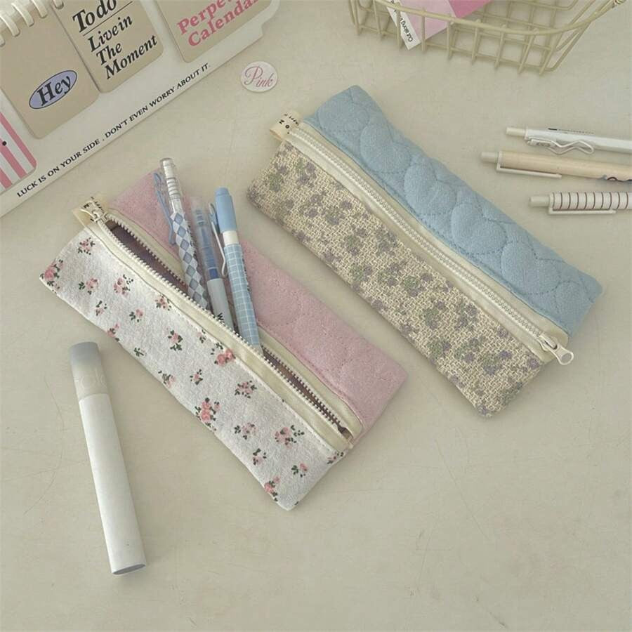 Astuccio per matite con delicati fiori piccoli, borsa portaoggetti carina e portatile in stile coreano (in materiale tessile, adatto per uso quotidiano e scolastico)
