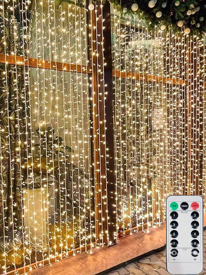1 pezzo di luci da tenda, 300 luci a stringa di folletti LED con telecomando, 8 modalità, alimentato USB, tenda da camera da letto, decorazione da festa, Natale, interno ed esterno, Ognissanti (300 LED - bianco caldo)
