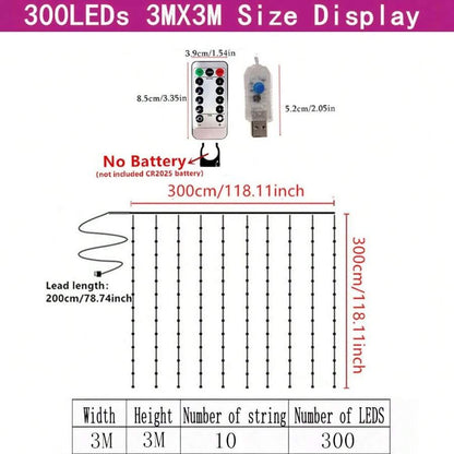 1 pezzo di luci da tenda, 300 luci a stringa di folletti LED con telecomando, 8 modalità, alimentato USB, tenda da camera da letto, decorazione da festa, Natale, interno ed esterno, Ognissanti (300 LED - bianco caldo)