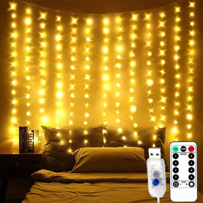 1 pezzo di luci da tenda, 300 luci a stringa di folletti LED con telecomando, 8 modalità, alimentato USB, tenda da camera da letto, decorazione da festa, Natale, interno ed esterno, Ognissanti (300 LED - bianco caldo)