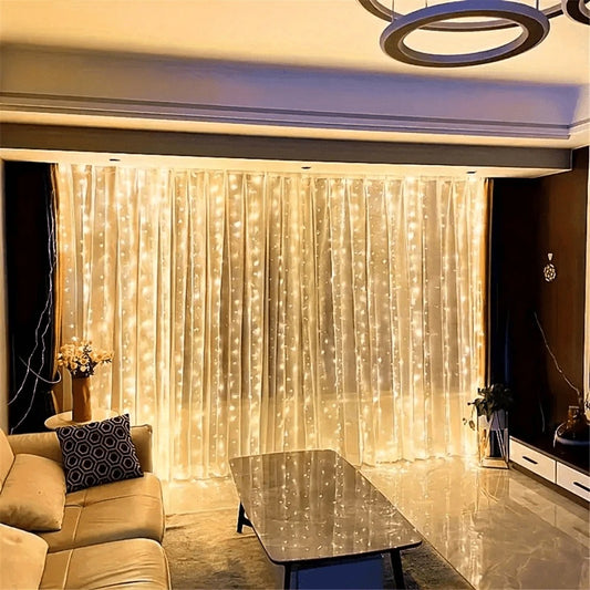 1 pezzo di luci da tenda, 300 luci a stringa di folletti LED con telecomando, 8 modalità, alimentato USB, tenda da camera da letto, decorazione da festa, Natale, interno ed esterno, Ognissanti (300 LED - bianco caldo)