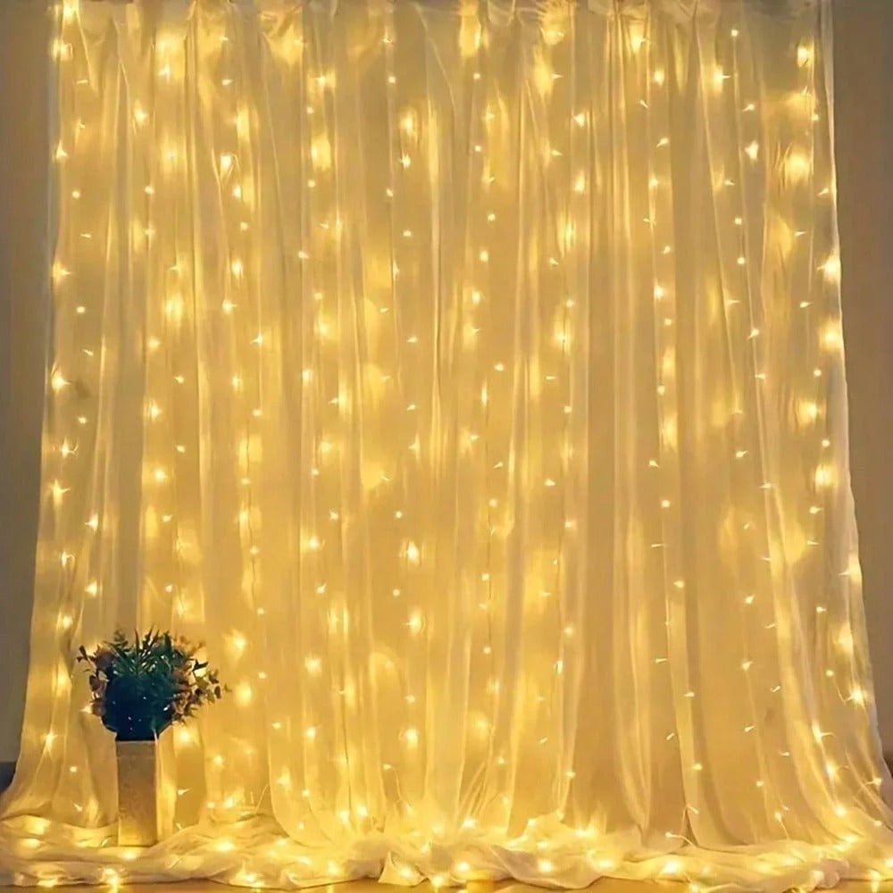 1 pezzo di luci da tenda, 300 luci a stringa di folletti LED con telecomando, 8 modalità, alimentato USB, tenda da camera da letto, decorazione da festa, Natale, interno ed esterno, Ognissanti (300 LED - bianco caldo)