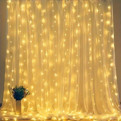 1 pezzo di luci da tenda, 300 luci a stringa di folletti LED con telecomando, 8 modalità, alimentato USB, tenda da camera da letto, decorazione da festa, Natale, interno ed esterno, Ognissanti (300 LED - bianco caldo)