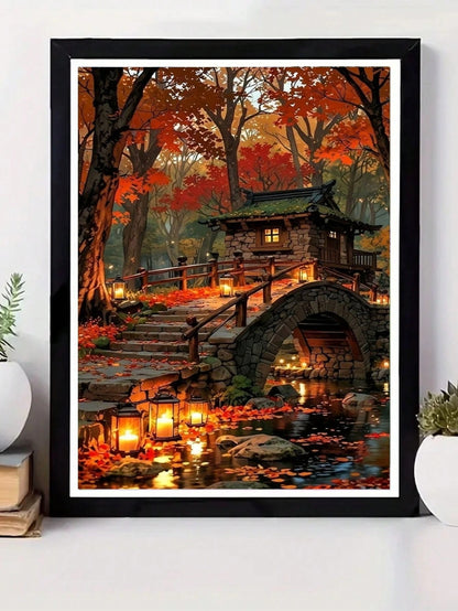 Set 30x40cm Dipinto di diamanti autunnale senza cornice, riproduzione precisa della texture di foglie d'acero, alone luminoso di lanterne, texture di ruscelli limpidi, decorazione da camera da letto, artigianato fai-da-te facile