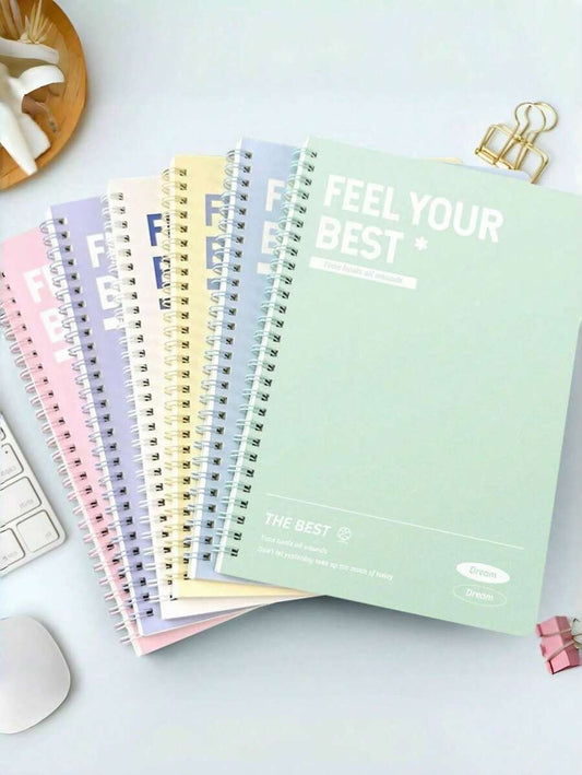Set da 6 quaderni a spirale A5 con citazioni ispiratrici - 60 pagine a righe ciascuno, varietà di colori pastello (verde menta, giallo, viola, rosa, beige, azzurro chiaro)