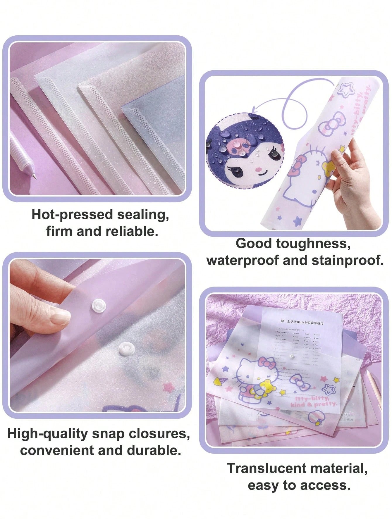 Borse portadocumenti A4 in plastica ABS rinforzata e impermeabile con anelli, con motivi di Hello Kitty, Kuromi, Cinnamoroll, My Melody, adatte per organizzare articoli di cartoleria e documenti