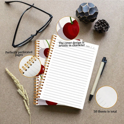 Quaderno carino con fiocco a forma di ciliegia - Rosso, a righe, 50 pagine, 14x21cm, perfetto per lavoro, scuola, regali per donne - 14x21cm, 50 pagine - Quaderno a spirale 50 fogli 100 pagine