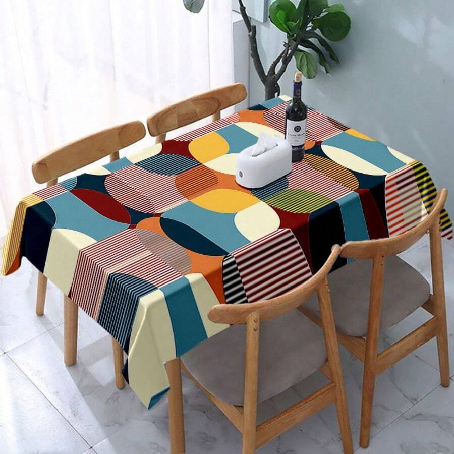 Tovaglia rettangolare in stile nordico con stampa geometrica - blu vibrante, arancione e beige, in poliestere, per sala da pranzo, tavolino da caffè e decorazione per feste, decorazione da tavolo