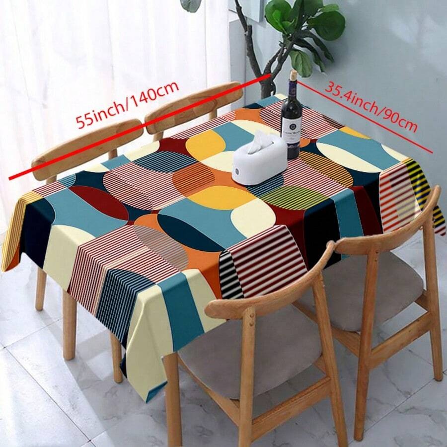 Tovaglia rettangolare in stile nordico con stampa geometrica - blu vibrante, arancione e beige, in poliestere, per sala da pranzo, tavolino da caffè e decorazione per feste, decorazione da tavolo