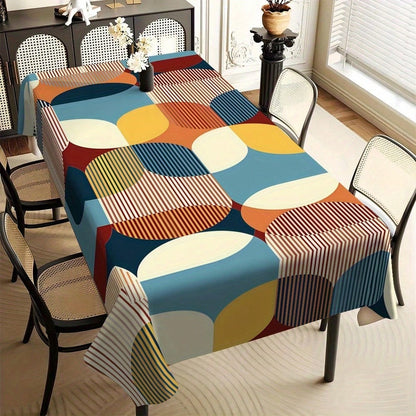 Tovaglia rettangolare in stile nordico con stampa geometrica - blu vibrante, arancione e beige, in poliestere, per sala da pranzo, tavolino da caffè e decorazione per feste, decorazione da tavolo