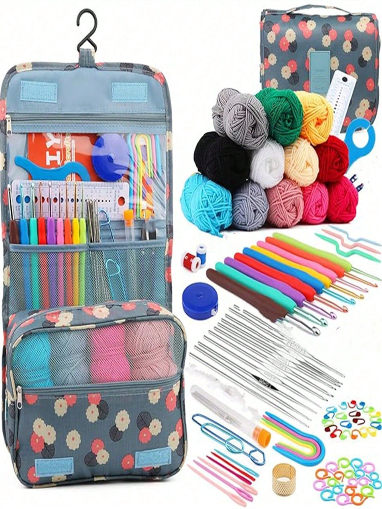 Set all'uncinetto, 108 pezzi Kit di avviamento all'uncinetto fai-da-te con tutti i materiali, set portatile di attrezzi per lavorare a maglia con filati, attrezzi di base per uncinetto fai-da-te con filati, kit per hobby creativi