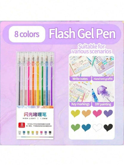 Penna gel glitterata con 8/12/18/24/36/48 colori, evidenziatore fluorescente, manuale, glitter luminescenti speciali, glitter, cristalli, sabbia mobile, penne gel color madreperlato