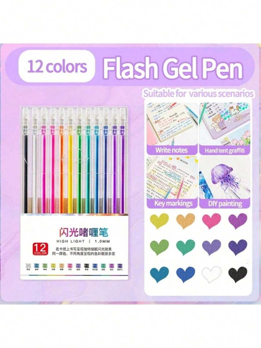 Penna gel glitterata con 8/12/18/24/36/48 colori, evidenziatore fluorescente, manuale, glitter luminescenti speciali, glitter, cristalli, sabbia mobile, penne gel color madreperlato
