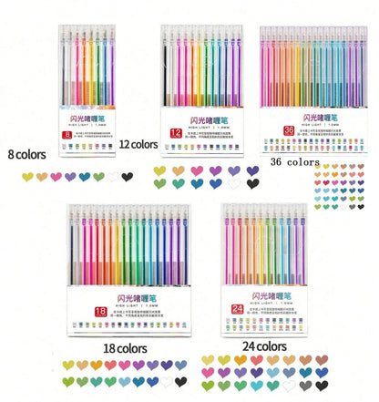 Penna gel glitterata con 8/12/18/24/36/48 colori, evidenziatore fluorescente, manuale, glitter luminescenti speciali, glitter, cristalli, sabbia mobile, penne gel color madreperlato