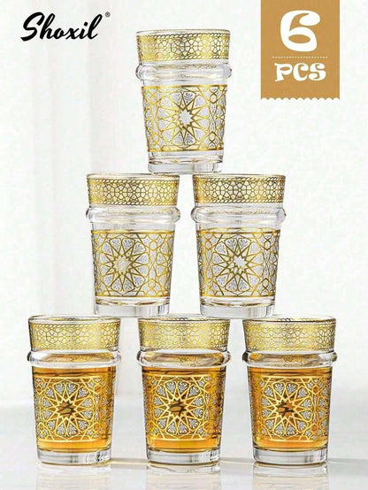 Teiera in acciaio inossidabile da 1,4 L stile arabo e set da 6 tazze + vassoio dorato a metà - Teiera marocchina per servire il tradizionale tè Gahwa