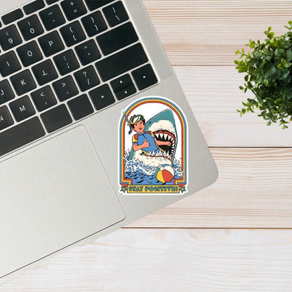 Adesivo in vinile "Rimani positivo", adesivo divertente e carino di uno squalo che fa immersioni, adesivo umoristico e impermeabile per borracce, Kindle, laptop, libri, bicchieri, auto, diari e uso all'aperto, rimovibile